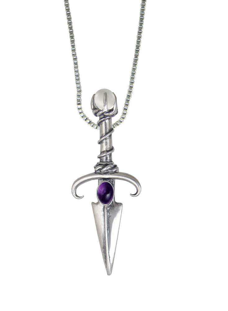 Sterling Silver Black Prince's Knife Dagger Pendant With Amethyst And a Clear Glass Bead